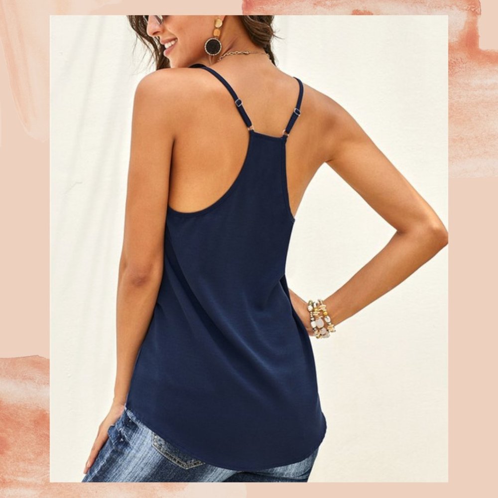 Navy Embroidered Razor Back Tank Top - Picture 2 of 3